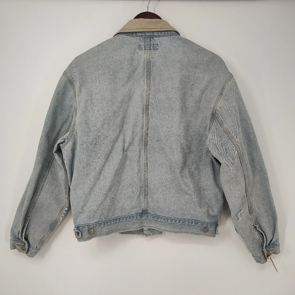 Vintage Banana Republic Men's Denim Jacket with Beige Leather Collar Size Medium